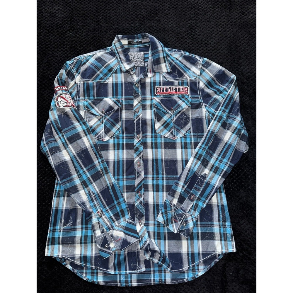 Affliction Mens Blue Premium Plaid Button Up Y2K Shirt Slim Size XLarge